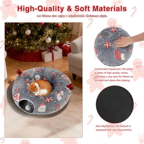 Cat Tunnel Christmas Tree Skirt, Plush Donut Bed for Cats, Grey - Image 6