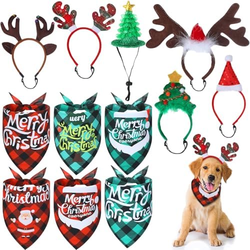 Paterr 12 Pcs Christmas Dog Bandanas, 6 Reindeer Headband 6 Plaid Scarf by Paterr