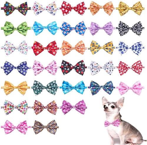 Paw Print Dog Bow Ties Bulk for Small Dogs 30 Pack 3.9"*2.1" S by Bestwishforyou