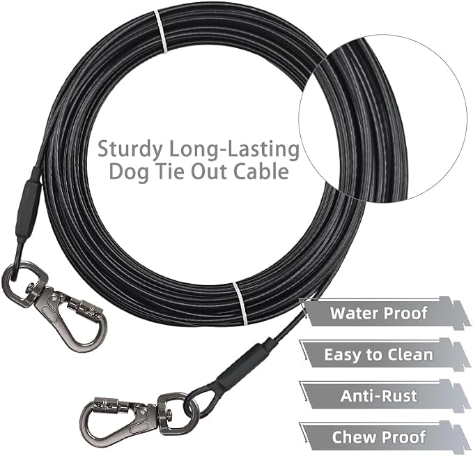 Dog Tie Out Cable - Chew Proof Steel Wire Lead - 360° Tangle Free Outdoor Leash for Pups - Dog Runner Cable for Small to Medium Dogs (Black, 45lbs/30ft)