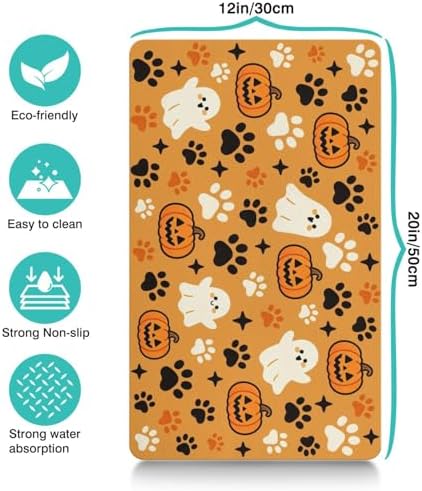 Halloween Dog Food & Water Mat, Orange Pumpkin Ghost Paw Prints Pet Feeding Mat for Floor Non-Slip Waterproof, Super Absorbent Cat Bowl Mat, Easy to Clean Pet Placemat,12" × 20" - Image 3