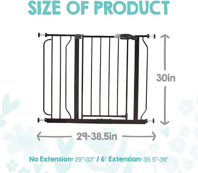 Regalo Safety 29"-38.5" Easy Step Baby Gate, Bottom of Stairs & Doorways | Pressure Mounted with Door, For Babies, Toddlers & Pets, Black, Tested & Trusted for 30 Years