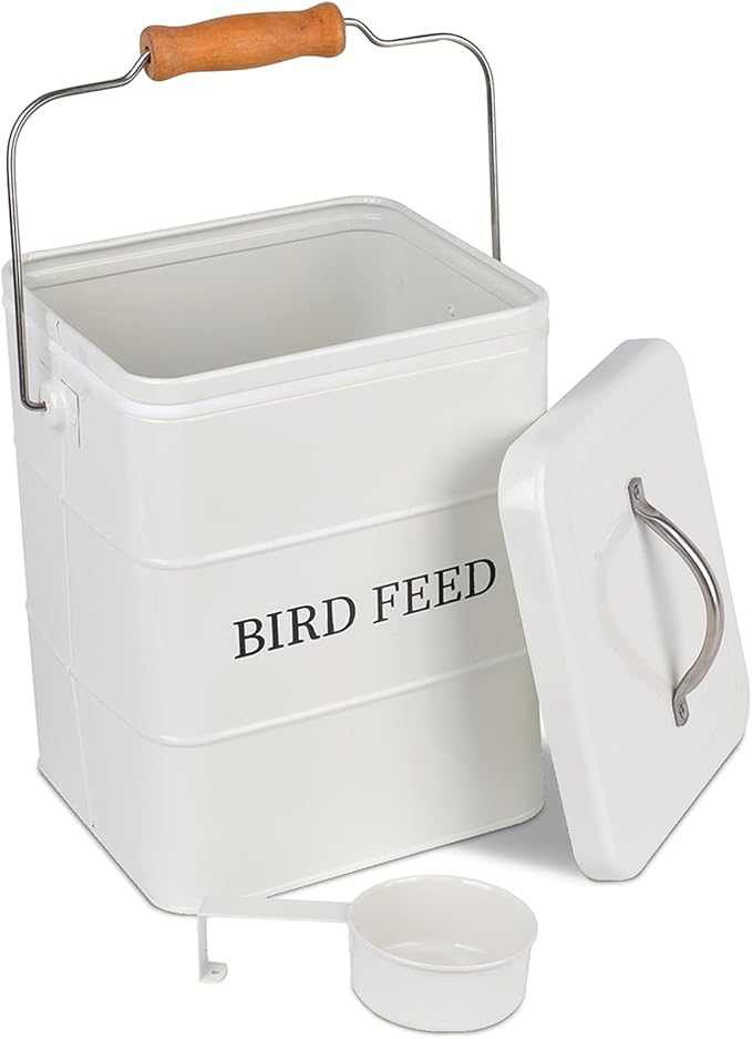 Pet Food Storage Tin with Lid, Metal Bird Seed and Feed Container with Serving Scoop, Treats Storage Canister Bin Can for Dogs, Cats Food, Coated Carbon Steel, Tight Fitting Lid, White, 5-6 Lbs