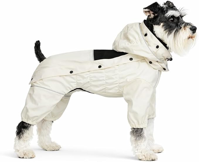 LOVELONGLONG Waterproof Dog Raincoat with Removable Hood – Outdoor Full Body Dog Jacket, Windproof Snowproof Shell Suit – All Season Pet Rain Gear Ivory S