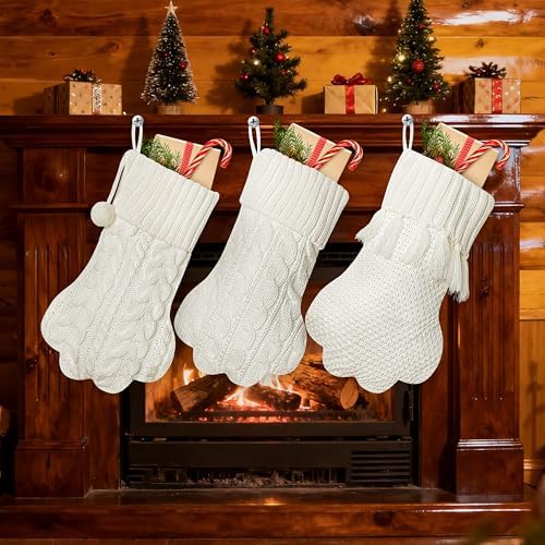 WATINC Pet Paw Christmas Stockings - 3 Pack Large Paw Shape Stocking with Tassel, Pet Dog Cat Knit White Christmas Hanging Socks for Xmas Eve Party Holiday Fireplace Tree Gift Decoration by WATINC