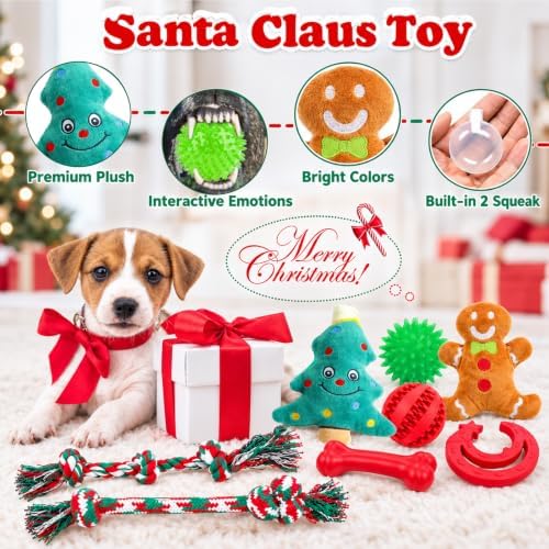 Christmas Dog Toys 9 Pack, Luxury Santa Puppy Chew Toy, Cotton Squeaky Plush Toys for Small Dogs, Durable Interactive Rope Treat Dog Ball and Bones, Rubber Teething Toys for Dogs Gifts - Image 5