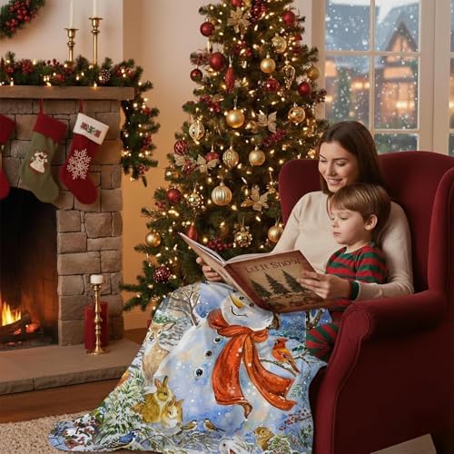 Neasow Christmas Throw Blanket, Snowman and Redbirds Cabin Animals Design Soft Fuzzy Cozy Flannel Blanket Gift for Family and Friends Home Sofa Couch Chair Decorative 50x60 Inch - Image 5
