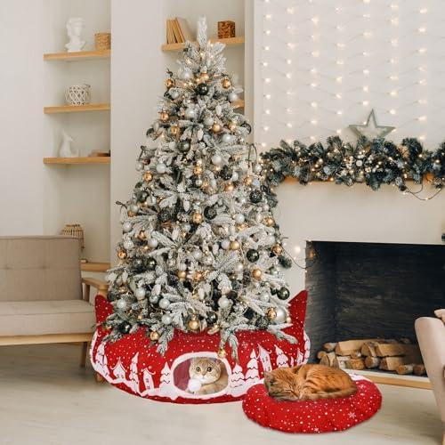 Kinlop Cat Tunnel for Christmas Tree Skirt 35.4'' Fluffy Plush Cat Donut Tunnel Bed Under Christmas Tree with Central Mat Collapsible Warm Soft Kitten Tube Cave for Kitten Small Animal - Image 5