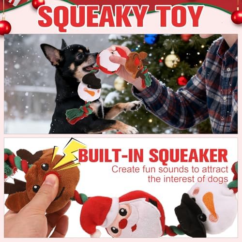 EXPAWLORER Christmas Dog Squeaky Toy - Interactive Doggie Rope Toy with Squeaker, Tug of War Pull Rope Teeth Cleaning, Tough Cotton Chew Toys for Small Medium Dogs Puppies Deer+Santa Claus+Snowman - Image 3