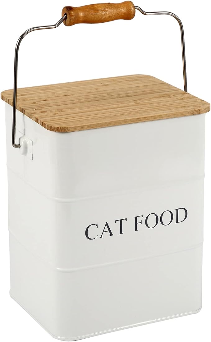 Cat Food storage container Cat Treats Jar,5~6 lb Metal food treats tin for Cat, pet snacks Canisters with wooden lid/handle/sevice scoop-White