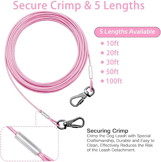 Dog Tie Out Cable - Chew Proof Steel Wire Lead - 360° Tangle Free Outdoor Leash for Pups - Dog Runner Cable for Small to Medium Dogs (Pink, 45lbs/100ft)