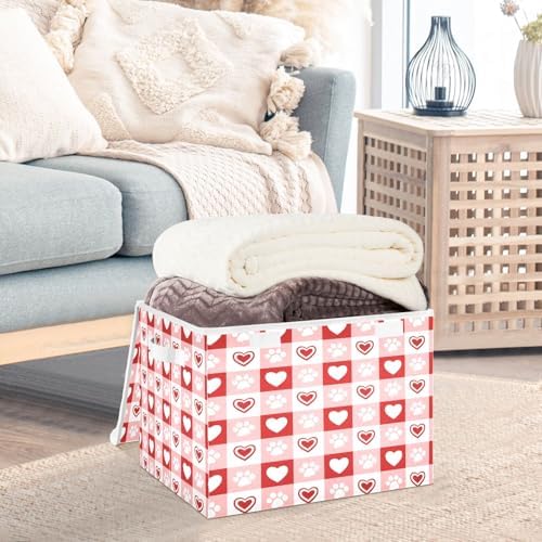 Bolaz Red Checkboard Dog Footprint Hearts Pattern Storage Bins with Lids and Handles, Foldable Storage Box Storage Basket with Cover Collapsible Organizer Containers for Home Closet, Shelves - Image 5
