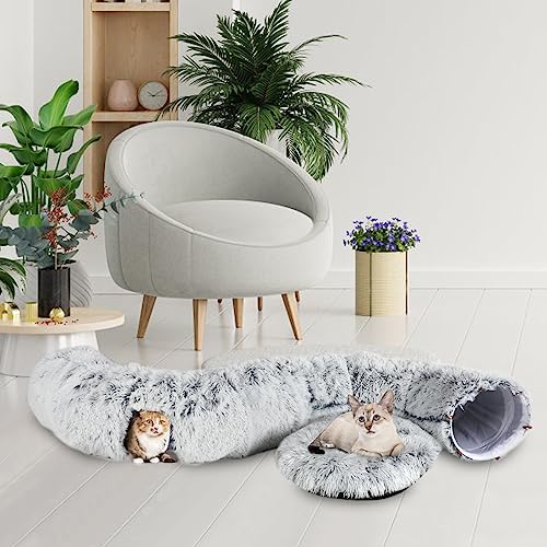 Plush Cat Tunnel Bed for Indoor Cats, Collapsible Cat Donut Tunnel with Central Mat, Fluffy Cats Cave Tube with Hanging Ball for Kitten Rabbit Puppy Ferret - Image 4