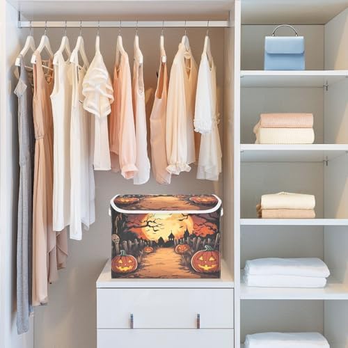 Bolaz Storage Bins with Lids and Handles,Halloween Night Pumpkin Skull Storage Box Storage Basket with Cover Collapsible Organizer Containers for Home Closet, Shelves - Image 6