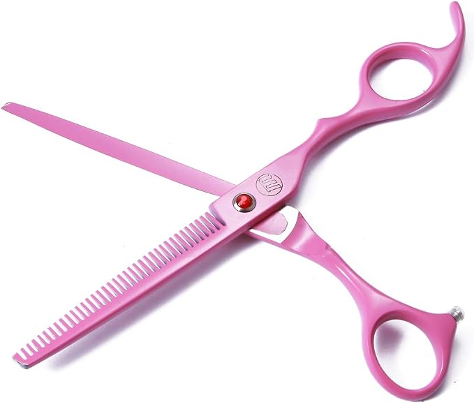 Moontay 7" Professional Dog Grooming Scissors Set of 5 with Pet Comb & Bag | Pet Grooming Chunkers Shears for Dog, Curved Dog Grooming Scissors, Thinning Shears for Dog with Grooming Comb, Pink