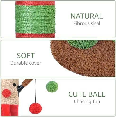 BOLUO Christmas Cat Scratching Post Deer Cat Trees for Adult Cats Scratcher Cute Toy Kitten Kitty Sisal Scratch with Teaser Ball Indoor 25 inch - Image 5