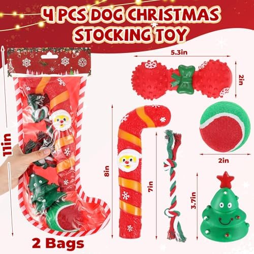 Shappy 2 Sets 8 Pcs Christmas Dog Stocking Toys with Squeaky Dog Toys, Santa Cane, Tennis Ball, Xmas Tree, Rope, Bone, Xmas Stocking Pet Set, Interactive Pet Gifts - Image 2