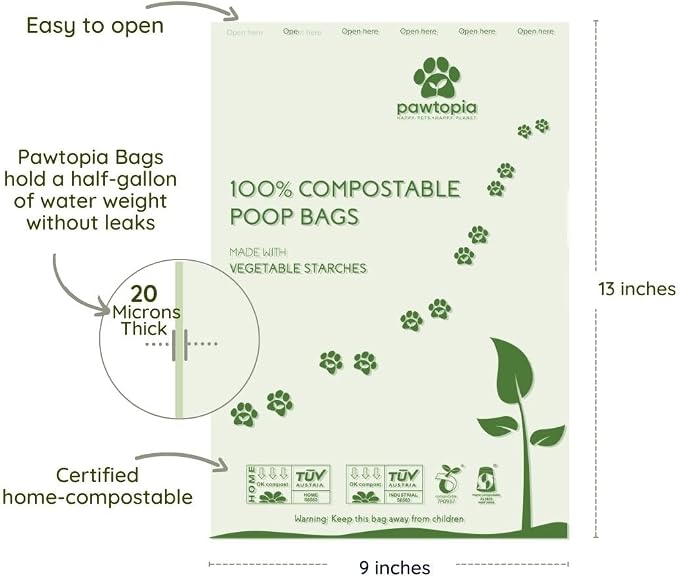 Pawtria Home Compostable Dog Poop Bag Rolls, 120 Bags, 8 Rolls | Leak-Proof Dog Poop Bags Made with Vegetable Starches, TÜV Austria Home Compost Certified, Easy Open Rolls
