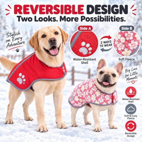 Reversible Dog Coat for Small Dogs, 2-in-1 Winter Jacket, Red, M - Image 3