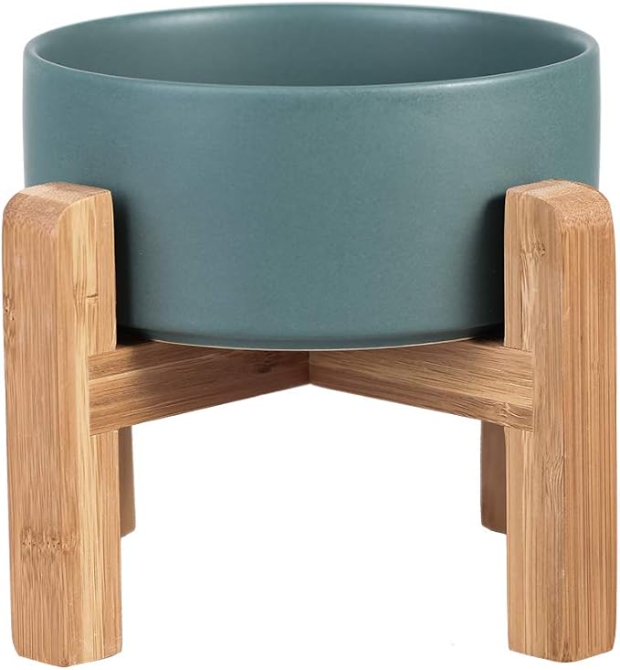 Ceramic Elevated Raised Cat Bowl with Wood Stand No Spill Pet Food Water Feeder Cats Small Dogs