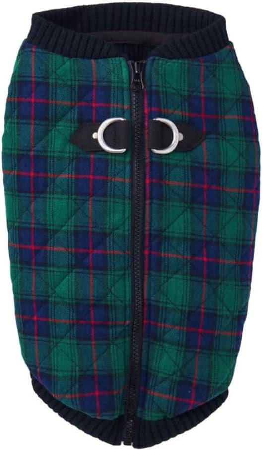 Gooby Fashion Vest Check Dog Jacket - Green Check, Medium - Warm Zip Up Bomber Vest Dual D Ring Leash - Winter Water Resistant Small Dog Sweater
