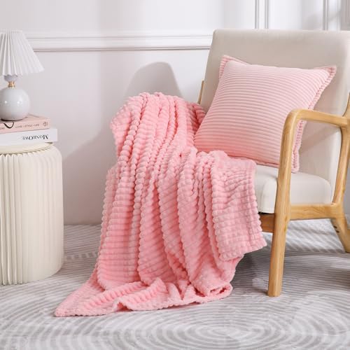 Puncuntex Fleece Throw Blanket Light Pink 50"×60" with Square Grid Design - Image 3