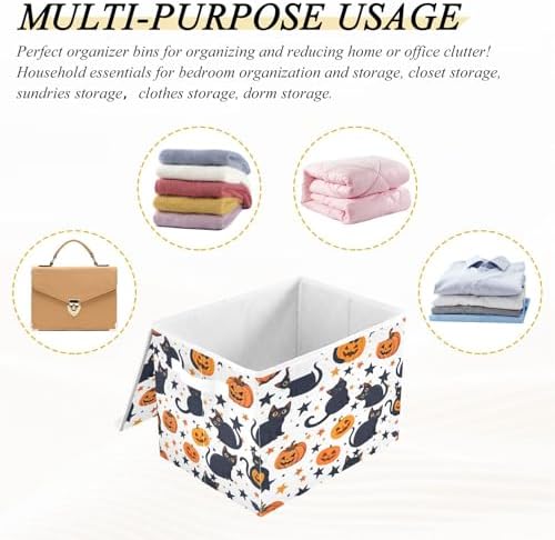Bolaz Storage Bins with Lids and Handles,Black Cat Pumpkin Pattern Storage Box Basket with Cover Collapsible Organizer Containers for Home Closet, Shelves - Image 7