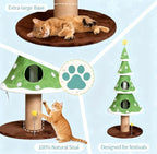 59 Inches Cat Christmas Tree with 2 Houses, Cat Tree Tower for Christmas, Kitty Friendly Christmas Tree with Sisal Scratching Post & Toy Ball, Tower for Indoor Cat – Green & White - Image 6