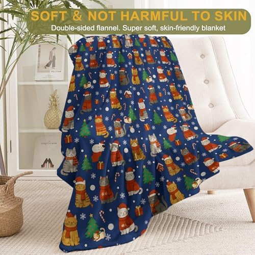 Cat Christmas Decorative Throw Blanket, Snowflake Candy Cane Print Decoration, Flannel Winter Blankets for Couch Bed Sofa, Holiday Home Decor, Xmas Festival Gifts for Kitten Lovers 50x60 in - Image 2