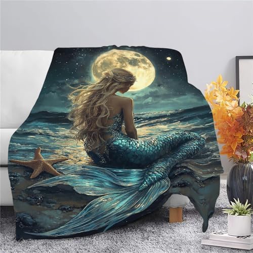 Mermaid Throw Blanket Beach Moon Night Mermaid Stuff Gifts for Kids Girls Boys Adults Women Men Soft Cozy Warm Plush Fluffy Fuzzy Fleece Blanket Decor 60''X80'' - Image 5