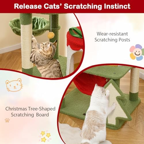 PETSITE 52 inch Cat Christmas Tree, Multi-Level Cat Tower with Sisal Scratching Posts & Board, Cat Condo, Basket Bed, and Detachable Hammock, Cute Cat Tree for Indoor Cats - Image 6