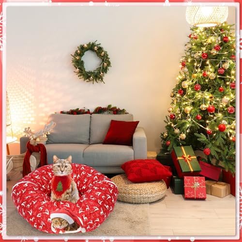 Cat Tunnel Christmas Tree Skirt Cat Bed Indoor 3 ft x 3 ft x 10 Inch Kitten Donut Tunnel with Ball Peekaboo Cave Pet Bed Round Hideaway Holiday Cave Circle Pets Gift(Elk) - Image 6