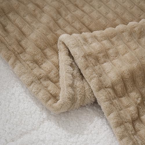 Puncuntex Fleece Throw Blanket Khaki 60"×80" with Square Grid Design - Image 6