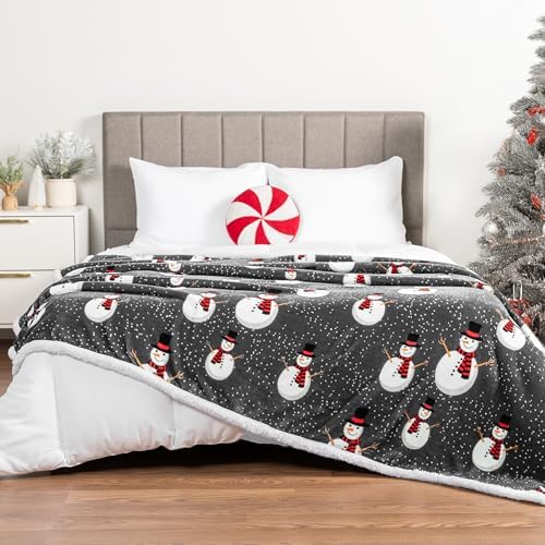 PAVILIA Premium Christmas Sherpa Throw Blanket, 50x60, Grey Snowman Cozy Fleece Holiday Blanket, Reversible Plush Winter Throw for Couch & Bed, Ultra Soft Warm - Image 6