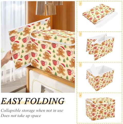Bolaz Gingerbread Man Holiday Pattern with Christmas Trees and Mugs Storage Bins with Lids and Handles, Storage Box Basket with Cover Collapsible Organizer Containers for Home Closet, Shelves - Image 4