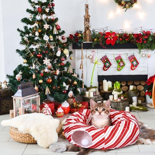 Leyndo 37 x 10 Inches Candy Cane Cat Tunnel Christmas Tree Skirt Bed Under Christmas Tree Cat Cave Donut with Central Mat Festive Decor for Small Medium Large Cats, Kittens, Rabbit - Image 5