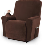 Asnomy Stretch Recliner Chair Covers with Pockets 1-Piece（Chocolate） | Velvet Washable Elastic Luxury Plush Reclining Furniture Protector for Dogs Cats or Lazy Boy Recliner Covers