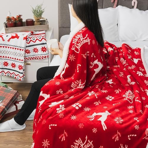 PAVILIA Red Reindeer Christmas Sherpa Throw Blanket, Ultra Soft Reversible Fleece Sherpa 50x60 Winter Blanket for Couch & Bed, Cozy Christmas Home Decor Holiday - Image 5