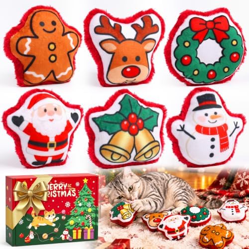 Christmas Plush Cat Toys, 6PCS Xmas Squeaky Cat Toy Set (Santa, Snowman, Gingerbread Man, Bell, Reindeer, Stocking), Indoor Interactive Cat Gift by Yeghujar