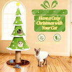 59 Inches Cat Christmas Tree with 2 Houses, Cat Tree Tower for Christmas, Kitty Friendly Christmas Tree with Sisal Scratching Post & Toy Ball, Tower for Indoor Cat – Green & White - Image 3