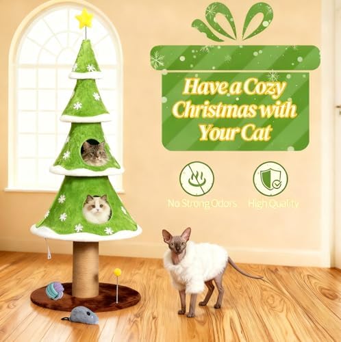 59 Inches Cat Christmas Tree with 2 Houses, Cat Tree Tower for Christmas, Kitty Friendly Christmas Tree with Sisal Scratching Post & Toy Ball, Tower for Indoor Cat – Green & White - Image 3