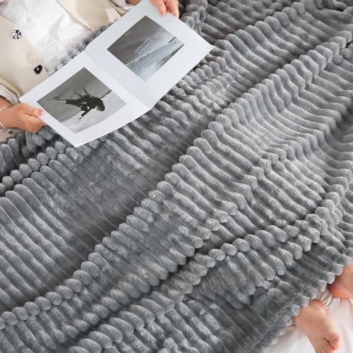 Grey Fleece Throw Blanket 90”×90” for Couch Sofa Livingroom - Image 3