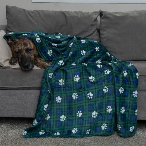 Pet Throw Blanket Ultra Soft Fleece Durable for Crates Beds Sofas Travel (Navy & Green Classic Paw Plaid, Medium) - Image 3