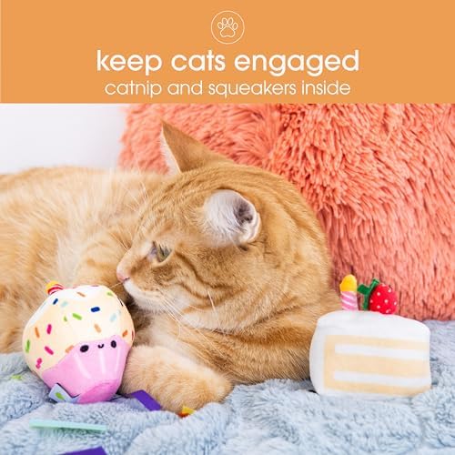 Pearhead Happy Birthday Cake Cat Toy Set, Stuffed Birthday Cake and Cupcake Cat Toys with Catnip and Squeakers, Interactive Fun Kitten Toys, Pet Owner Pet Birthday Gift, Ideal for Cat Lovers, Set of 2 - Image 3