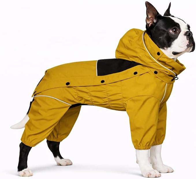 LOVELONGLONG Fleece-Lined Dog Raincoat with Removable Hood – Waterproof Winter Full Body Dog Jacket – Windproof Snowproof Cold-Weather Suit – Yellow-F M