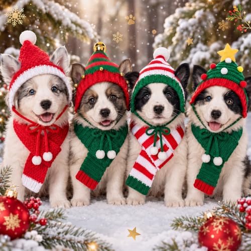 Dansydaisy 8 Pcs Christmas Dog Santa Hat and Scarf Set, Knitted Pet Costume - Image 4