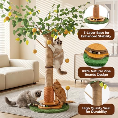 41" Tall Cat Scratching Post for Large Cats - XL Sturdy Cat Scratching Post with Solid Wood Base, Sisal Rope Scratching Posts for Indoor Cats Adults with Self-Grooming Brush, 4 Detachable Hanging Toys - Image 6