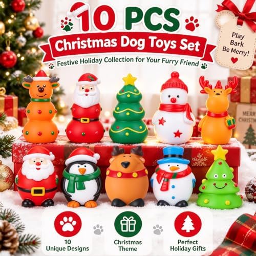 Soulchen 10 Pcs Dog Christmas Chew Toys Latex Squeaky Interactive Dog Toys - Image 4