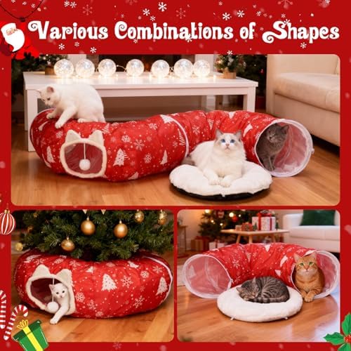 Cat Tunnel Bed Under Christmas Tree, Cat Tunnel Christmas Tree Skirt for Indoor Cats, Donut Tunnel Toys for Multiple & Large Carts, for Kitten, Rabbit, Puppy, Red Snowflake - Image 2