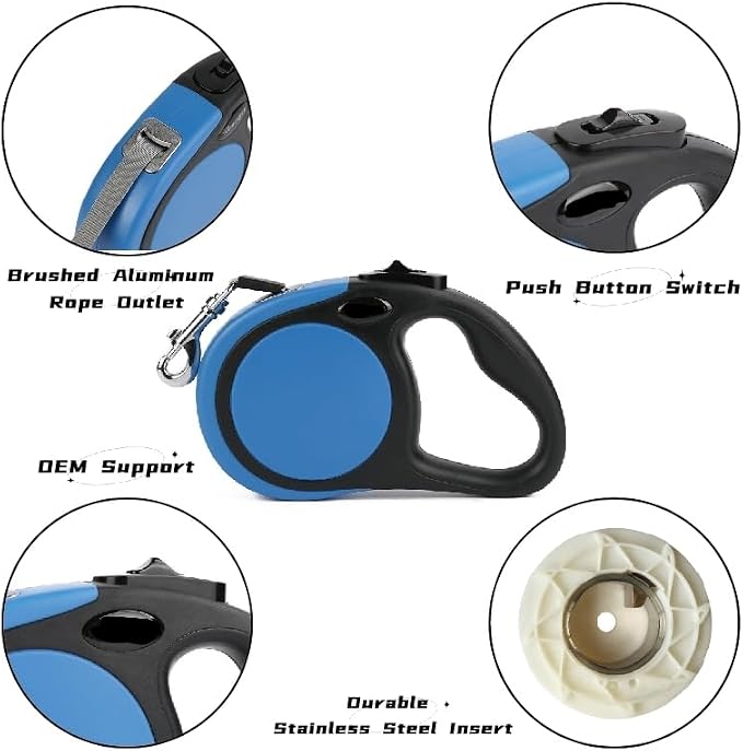 Dual Retractable Dog Leash for 2 Large Dogs (Up to 110 Lbs Each), 18.5 FT No Tangle Double Headed Pet Lead with Poop Bags, Non Slip Grip, One Button Break & Lock, Also for Single Use (Blue, Large)